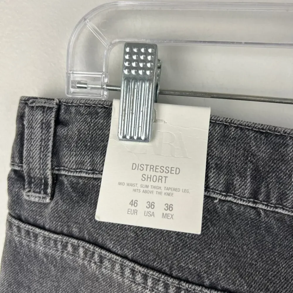 NWT Zara Men's Relaxed Fit Distressed Raw Hem Denim Shorts Black Size 36